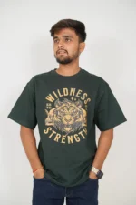 Man wearing dark green round-neck t-shirt and jeans, front view