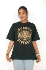 Woman wearing dark green oversized t-shirt with short sleeves, front view