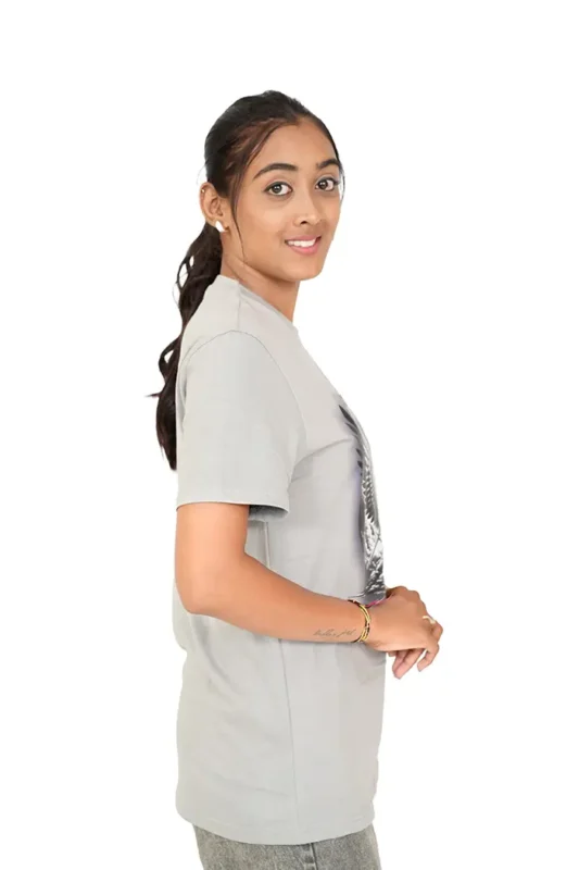 Side view of woman wearing plain grey t-shirt and grey pants