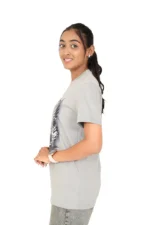 Casual right side view of woman modeling grey t-shirt