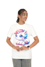 Woman in white short-sleeve t-shirt and grey jeans, front view facing right