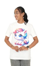 Woman wearing white round-neck t-shirt front-facing, looking left