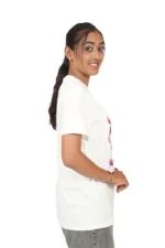 Left profile of woman in plain white t-shirt and jeans