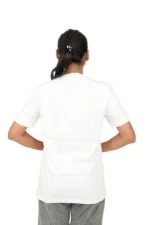 Rear view of woman wearing plain white t-shirt with short sleeves