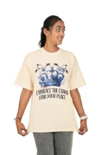 Woman wearing beige short-sleeve t-shirt, looking to the side